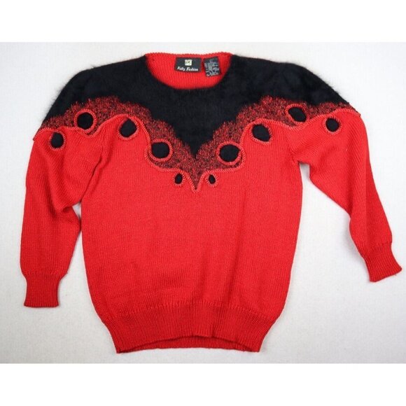 VINTAGE 80s WOMEN'S RED & BLACK PULLOVER SWEATER - FULLY FASHION - SIZE L - Picture 1 of 6
